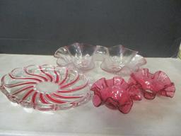 2 Vintage Red Glass Candle Drip Catchers, Frosted Ruby Divided Tray, and