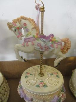 Collection of 6 Music Box Figurines - Carousel Horses, Animals, Bell, etc.