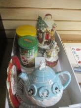 Christmas Lot - Fitz & Floyd Plate, 222 Fifth Teapot, 2 Music Boxes, Tin Containers, etc. .