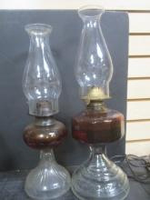 2 Vintage Amber and Clear Glass Hurricane Oil Lamps