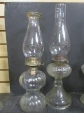 2 Vintage Clear Glass Hurricane Oil Lamps
