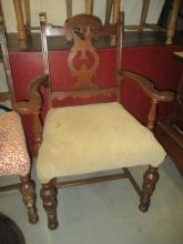 Vintage Wood Carved Back with Upholstered Seat Dining Arm Chair