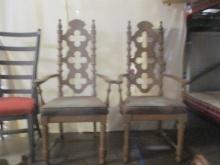 Pair of Mid Century Modern High Back Carved Wood with Upholstered Set Dining Arm Chairs