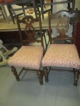 Pair of Vintage Wood Carved Back with Upholstered Seat Dining Chairs