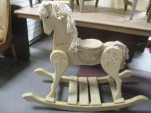 Vintage White-Crackled Wood Rocking Horse with Mop Mane and Tail