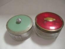 2 Vintage Glass and Metal Lid Vanity Round Powder/Trinket Boxes