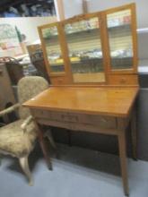 Vintage Wood Vanity Dresser with Attached Bi-Fold Mirror