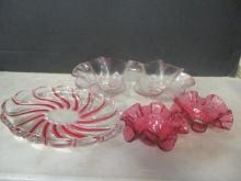 2 Vintage Red Glass Candle Drip Catchers, Frosted Ruby Divided Tray, and
