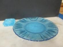 Vintage Blue Hobnail Glass Salt Cellar and Blue Glass Tray
