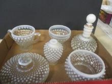 Collection of Vintage Hobnail White and Clear Glassware - Decanter, Bowl, etc.