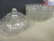 8 Federal Depression Glass Plates/Saucers and 1 Domed Butter Dish