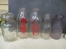 Lot of 4 Vintage Glass Milk Bottles and Atlas Canning Jar