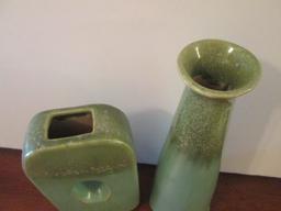 Two Green Dripped Glaze Pottery Vases