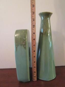 Two Green Dripped Glaze Pottery Vases