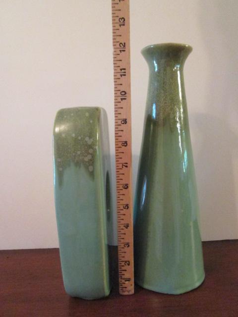 Two Green Dripped Glaze Pottery Vases