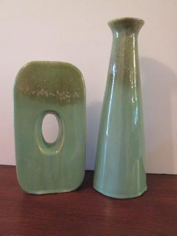 Two Green Dripped Glaze Pottery Vases