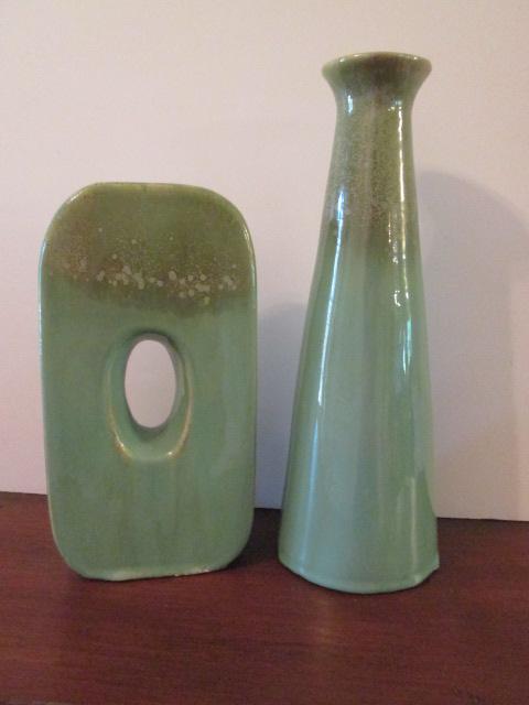 Two Green Dripped Glaze Pottery Vases