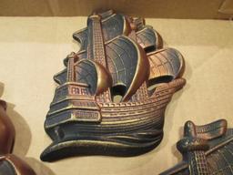 Midcentury Modern 3 Piece Chalkware Ship Plaque Set