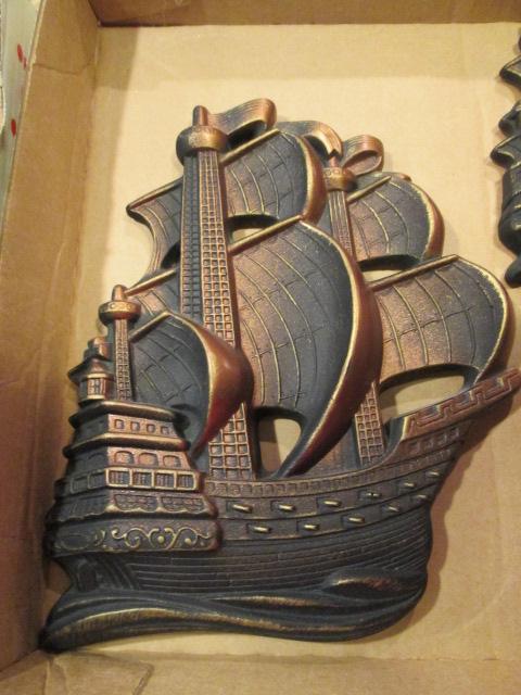 Midcentury Modern 3 Piece Chalkware Ship Plaque Set
