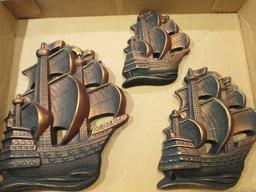 Midcentury Modern 3 Piece Chalkware Ship Plaque Set