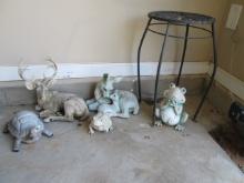 Black Metal Side Table and Animal Yard Statues