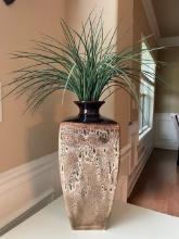 Tall Brown Drip Glaze Pottery Vase with Artificial Monkey Grass