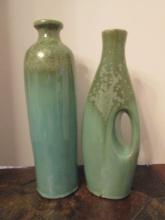 Two Green Dripped Glaze Pottery Vases