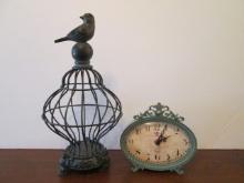 Sculpted Patina Finish Decorative Birdcage and Paris Distressed Patina Quartz Desk Clock