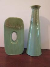 Two Green Dripped Glaze Pottery Vases