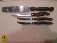 Cutco Wood Grain Handle 7" Spreader, No. 21 5" Utility Blade Knife and Two No. 59