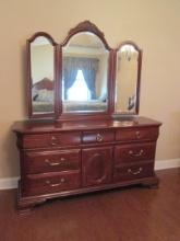 Sumter Cabinet Co. Mahogany Dresser with Tri-Fold Beveled Mirror Stand