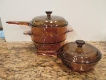 Corning Ware Vision Ware Amber Double Boiler and Lidded Sauce Pan