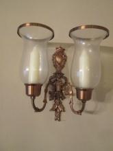 Pair of Brass 2 Arm Candle Sconces with Glass Shades