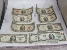 Lot of (6) $2 Red Seals- 1928 (1), 1953 (5), 1957 $1 Blue Seal and
