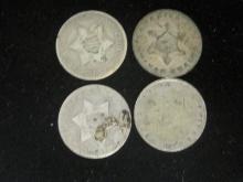 (4) Silver Three Cent Pieces