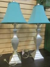 Pair of Silver Toned Lamps with Teal Shades.