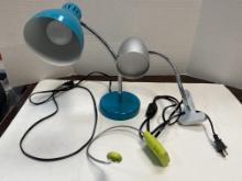 Teal Metal Adjustable Desk Lamp, Clamp on Lamp and Battery Powered Lamp.
