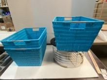 Three Vinyl Teal Stackable Baskets and Metal Lazy Susan Base Needs Reconnecting.