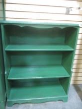 Green Painted Three Shelf Wood Bookcase.