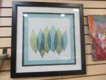 Matted and Framed Teal Leaves.  Signed A. Korbin(? Spelling)