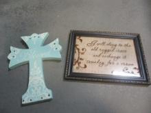 Wood Framed Music Picture, Old Rugged Cross, and Teal Wood  Hanging Cross.