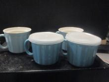 Three Piece Turquoise Blue Pinwheel Set of Pyres Bowls, One has Lid.