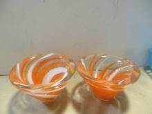 Pair of Heavy Orange Swirl Art Glass Decorative Bowls.