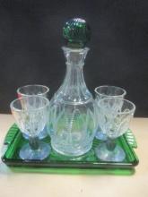 Vintage Avon 1980s Emerald Green Glass Decanter Set with Tray.