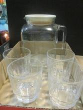 Bormioll Rocco Beverage Pitcher, Italy. Four Arcoroc Tumblers.