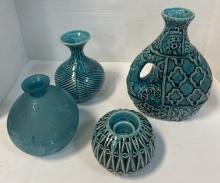 Three Teal Vases and One Teal Candle Holder.