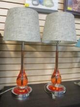 Pair Mid Century Lamps.  Melon Colored Art Glass Look  with Silver Base and Shades.
