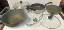 Pressure Cooker, Frying Pans and Pot.