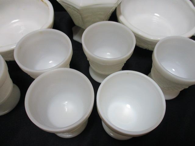 Milk Glass Lot, Eight Sherbet's, Four Bowls, and Lidded Compote.