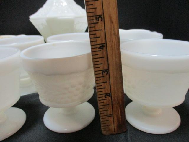 Milk Glass Lot, Eight Sherbet's, Four Bowls, and Lidded Compote.